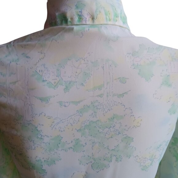 Small 32 Vintage 70's Sheer Nylon Disco Shirt Blouse Scenic Country Print Green - Picture 6 of 10